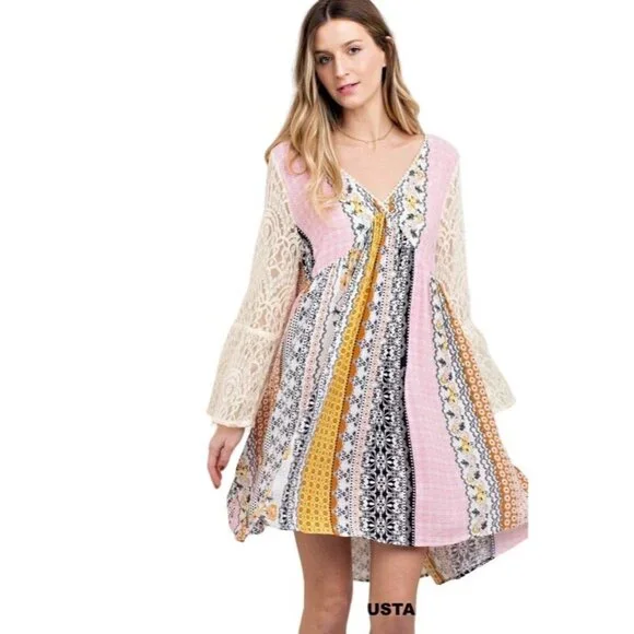 Mixed Print Lace Bell Sleeve Mini Dress | Boho Coastal Cowgirl Whimsigoth Indie - Picture 10 of 12